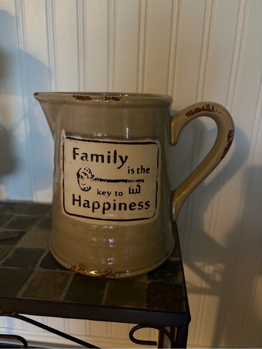Rustic Beige Ceramic Pitcher with 'Family is the Key to Happiness'